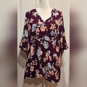 Torrid Floral Challis Surplice Burgundy Top Size 22/24